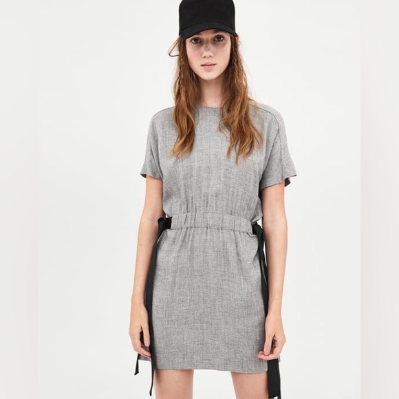 Zara TRF collection Gray Shift Dress With Black Ribbon Sides, Small - Picture 1 of 7